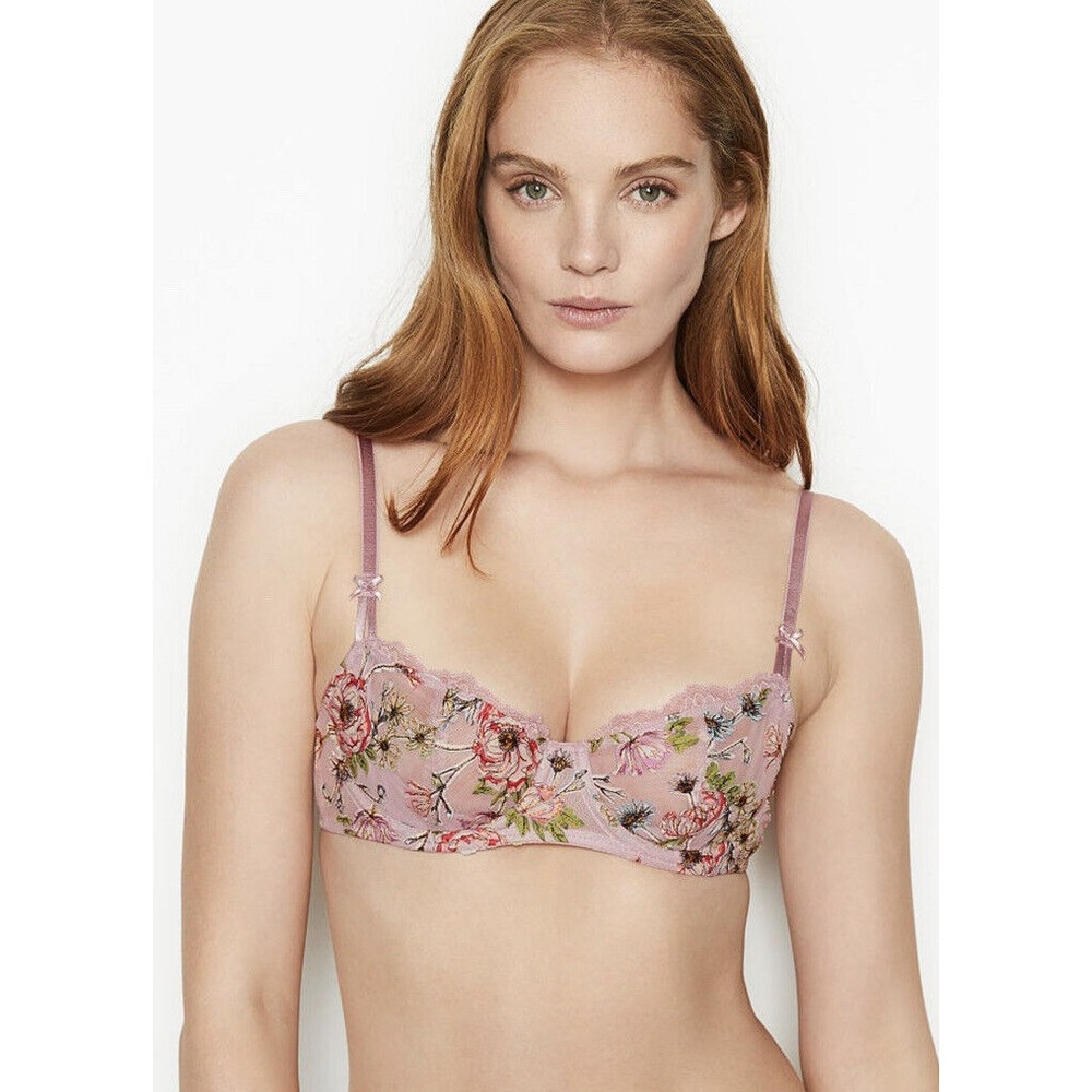 Victoria's Secret Wicked Unlined Balconette Bra Sz 34D Pink Floral Embroidered
